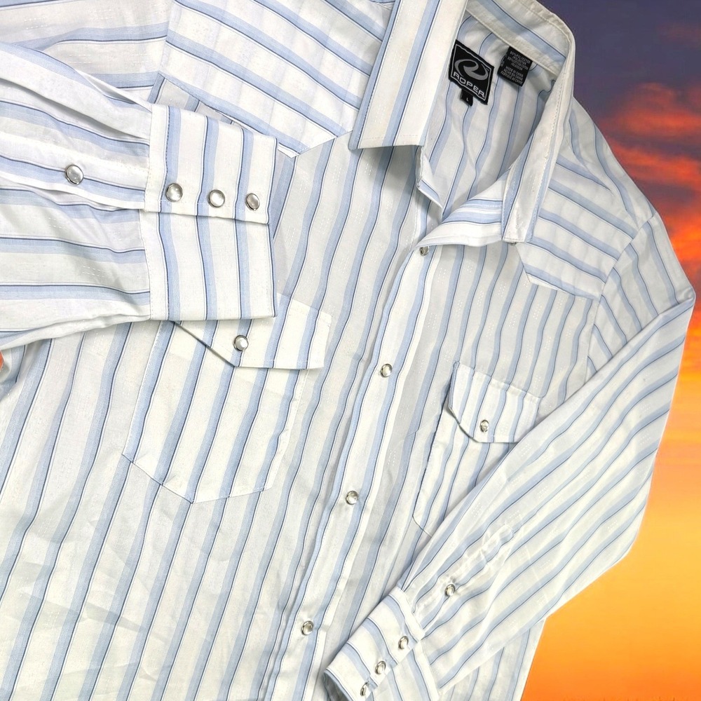 Roper Shirt Men Size L Blue White Striped Pearl‎ Snap Western Cowboy Country